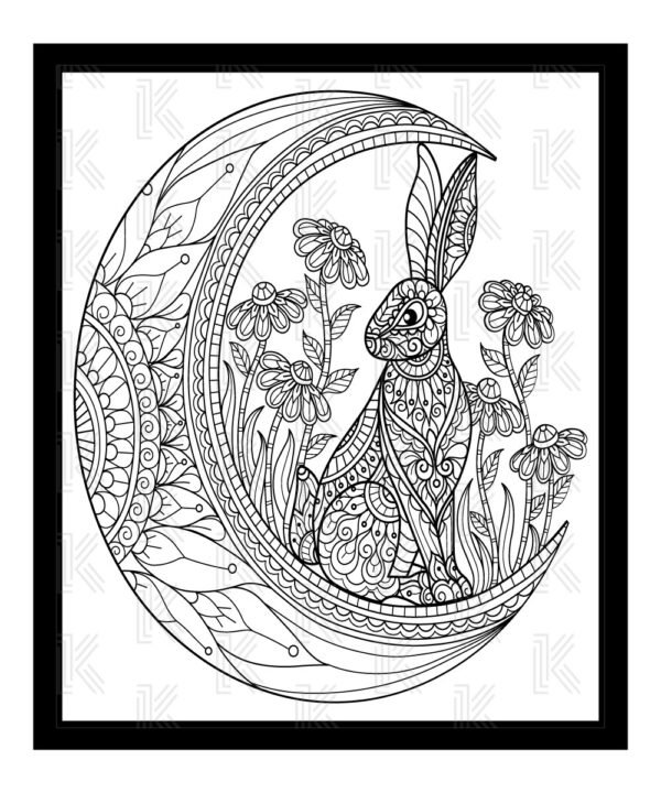 rabbit bunny with flowers inside cresent moon color page for adults