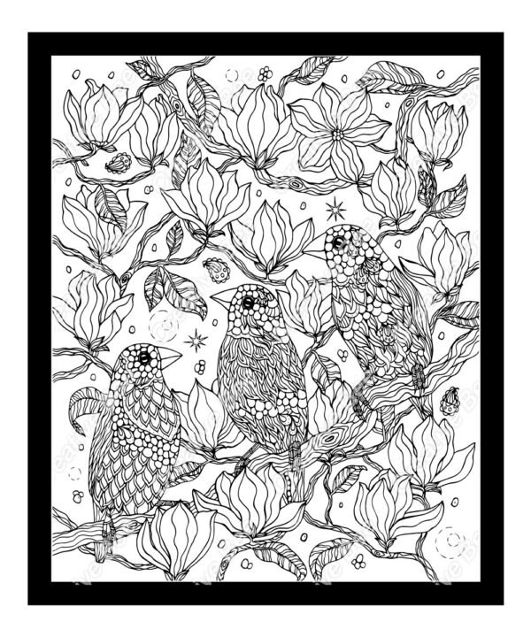 detailed color page of birds sitting on a floral branch