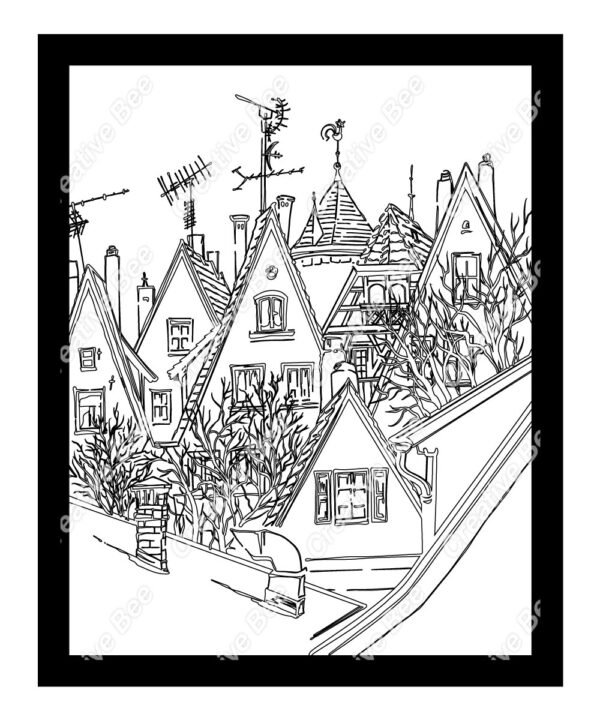 homes in city view colouring book page