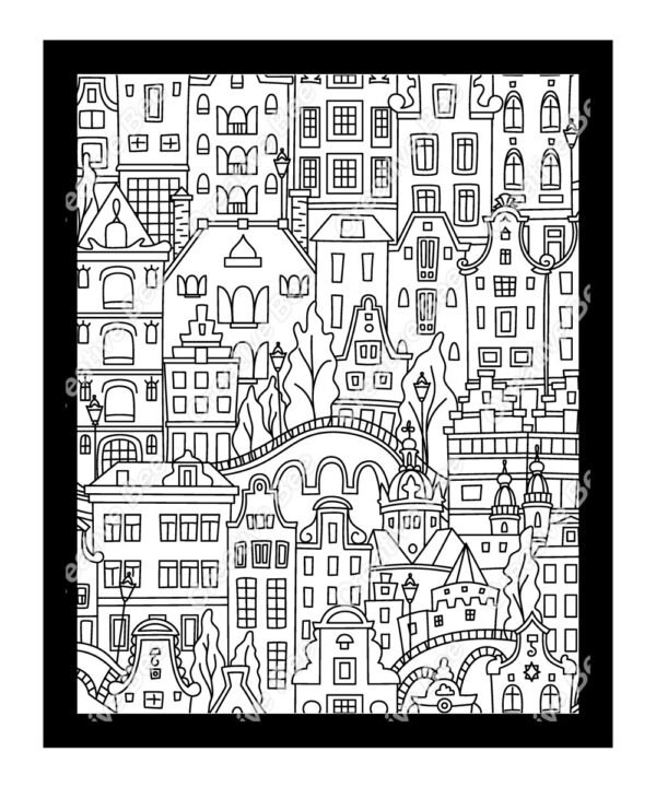 a busy page of homes colouring page for adults