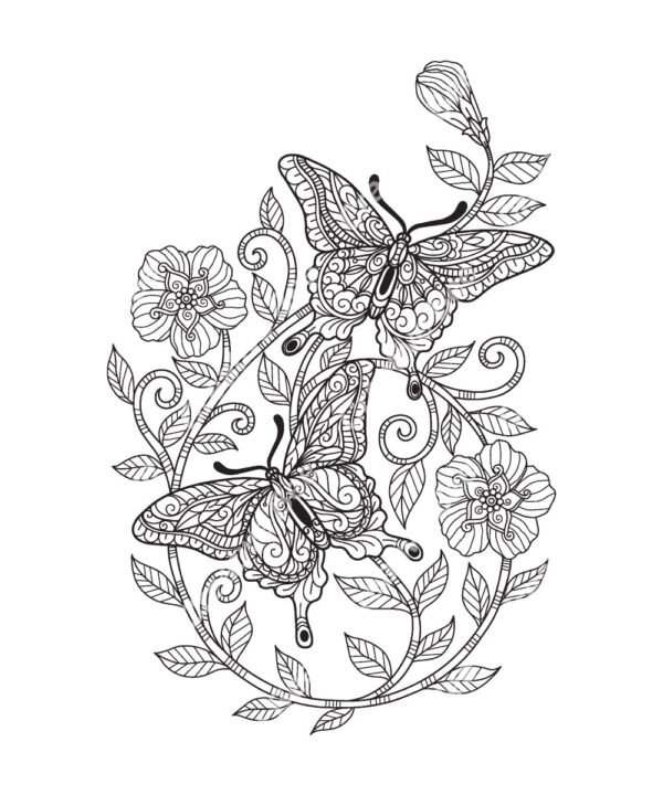 flowers and butterflies colouring book page for adults