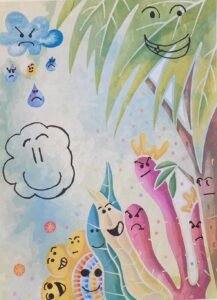 Kids reverse coloring book page watercolor tree clouds funny doodle